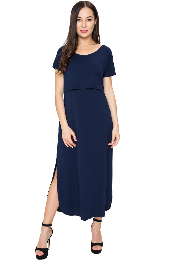 UILGO Short Sleeve Maxi Nursing Dress Navy / Small UILGO Short Sleeve Maxi Nursing Dress Navy / Small
