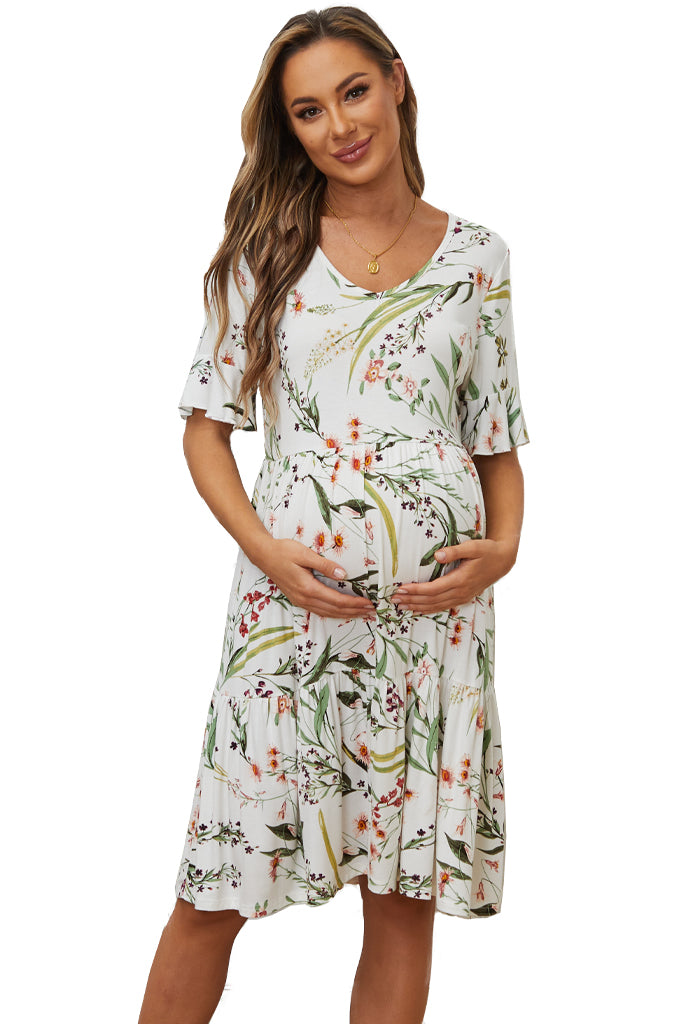 Floral Ruffle Short Sleeve Maternity Dress-Smallshow