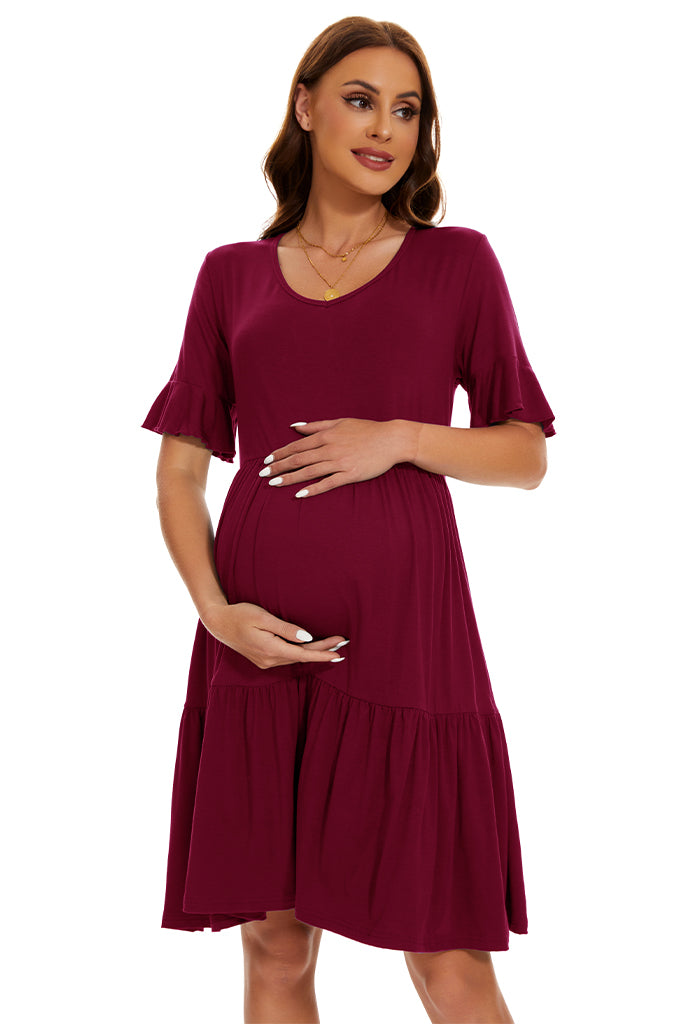 Ruffle Sleeve Tiered Maternity Dress-Smallshow Wine / Large Ruffle Sleeve Tiered Maternity Dress-Smallshow Wine / Large