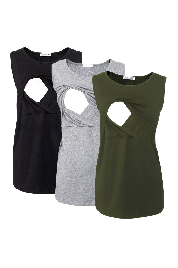 Cotton Nursing Tank Tops 3-Pack Deep Grey-Army Green-White Stripe / Large