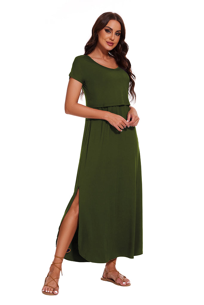 UILGO Short Sleeve Maxi Nursing Dress Army Green / Large