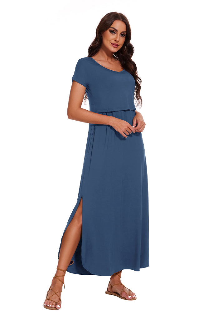 UILGO Short Sleeve Maxi Nursing Dress Grey Blue / XX-Large
