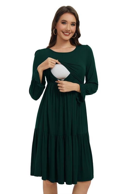 Tiered Long Sleeve Nursing Dress Deep Green / Small Tiered Long Sleeve Nursing Dress Deep Green / Small