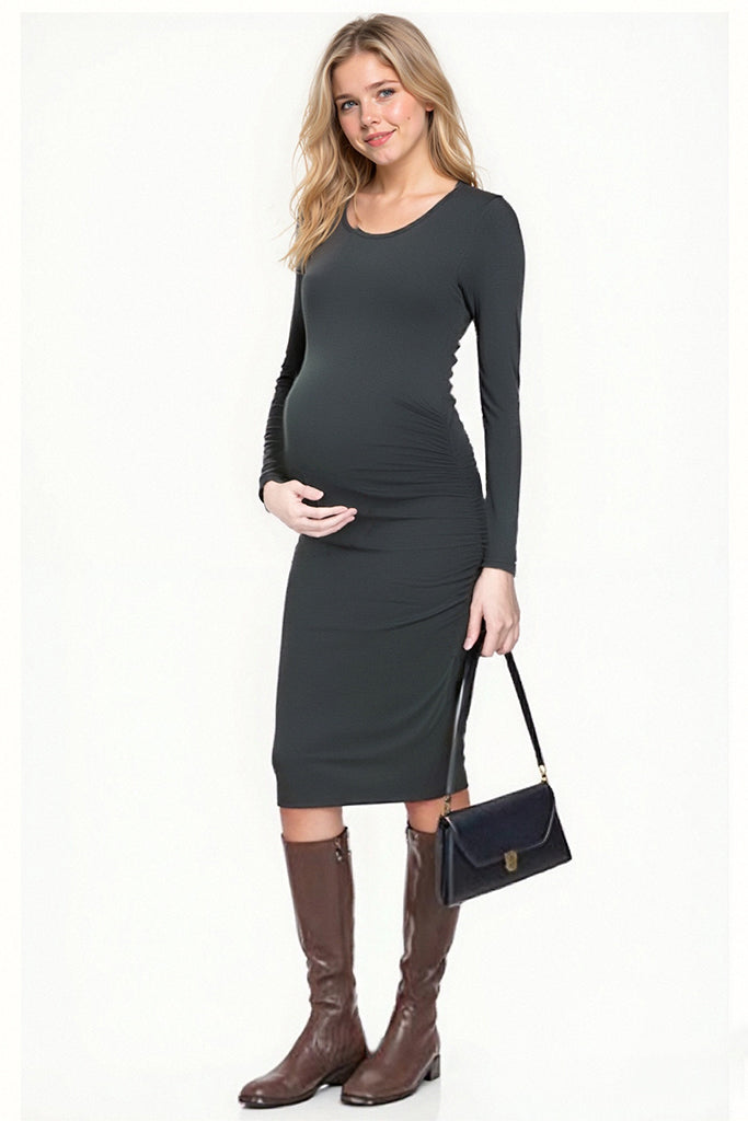knee length dresses for ladies Mock Neck Puffed Long Sleeve Bodycon Dress – Delilah's Maternity