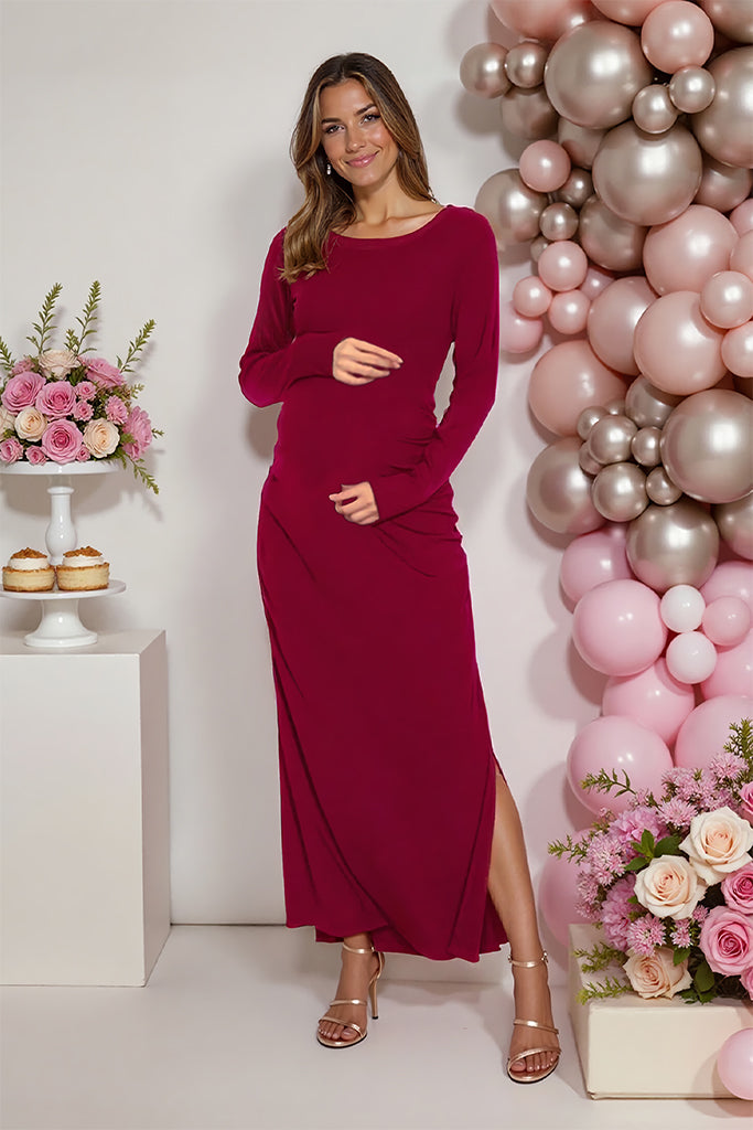 Long Sleeve Maternity Maxi Dress Wine / XX-Large