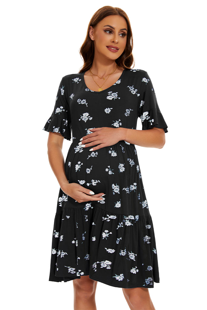 green emerald velvet dress Cream V-Neck Flutter Short Sleeve Maternity Midi Dress  PinkBlush