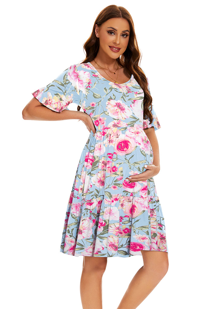 Smallshow Floral Ruffle Short Sleeve Maternity Dress