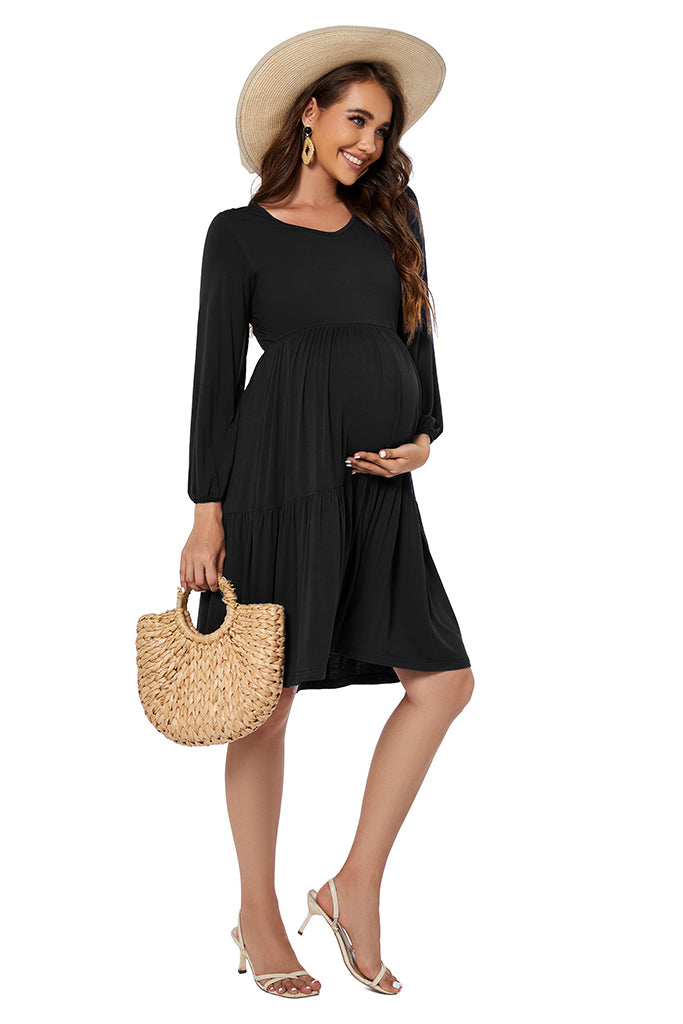 Tiered Long Sleeve Maternity Dress Black / X-Large
