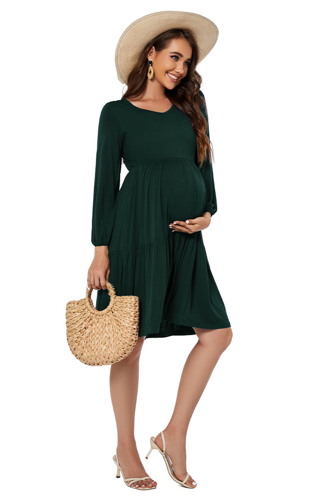 knee length dresses for ladies Tiered Long Sleeve Maternity Dress Deep Green / XX-Large