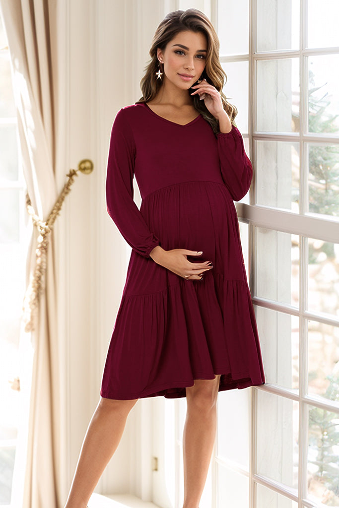 Tiered Long Sleeve Maternity Dress Wine / Medium Tiered Long Sleeve Maternity Dress Wine / Medium