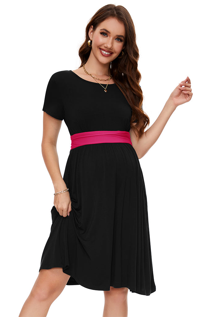 Casual Maternity Dress with Pockets Black-Rose / X-Large