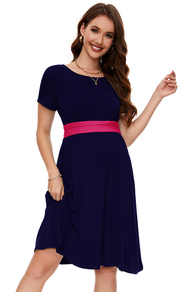 casual maternity dresses Casual Maternity Dress with Pockets Navy-Rose / XX-Large