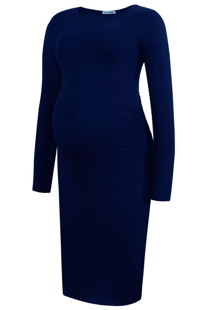 Soon Maternity Navy Blue Pinstripe 3/4 Sleeve Stripe Seamed Maternity Dress