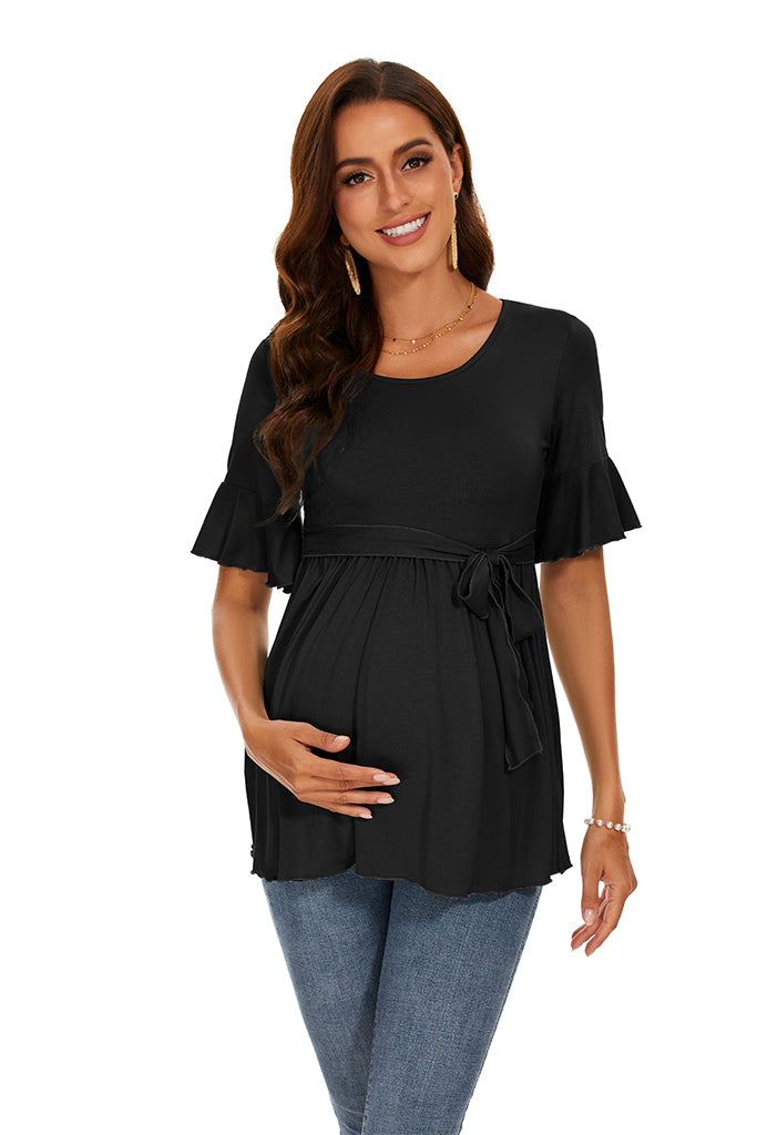 black maternity dress shirt Ruffle Tie Front Maternity Top-Smallshow Black / Medium