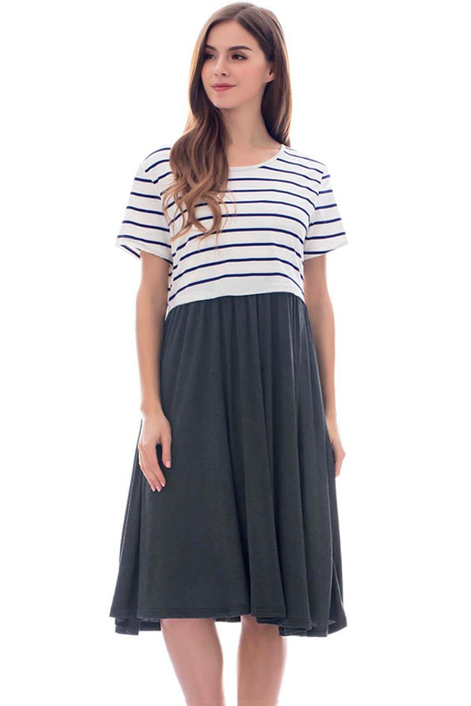 Striped Casual Nursing Dress-Smallshow White Navy Stripe-Deep Grey / Large Striped Casual Nursing Dress-Smallshow White Navy Stripe-Deep Grey / Large